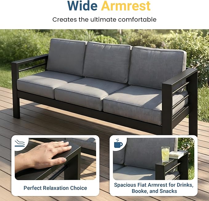 Wisteria Lane Aluminum Patio Furniture Set for All Weather, Oversized Metal Outdoor Furniture Set with 27.5" Deep Seat and 10" Back Cushion, Patio Conversation Sets with Wide armrest, Light Grey