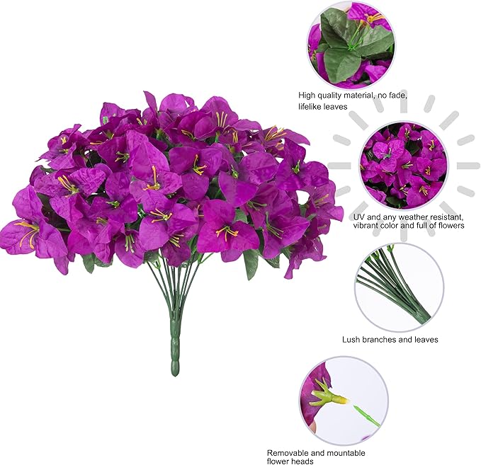 Fake Bougainvillea Artificial Flowers for Outdoors Spring Summer Decor, 4 Bundles Realistic Faux Silk Outside Flowers UV Resistant Faux Plants for Planter Patio Front Door Window Garden Home, Purple