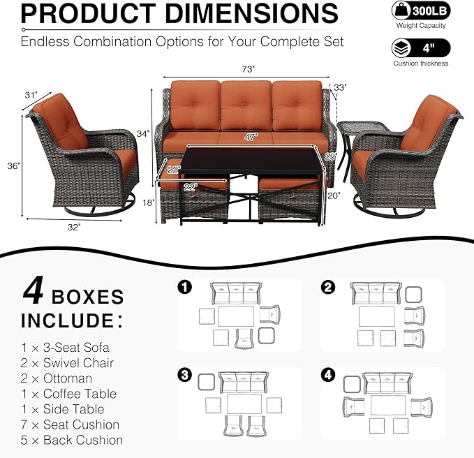 Joyside 7 Piece Wicker Patio Furniture Set, Outdoor Swivel Rocker Patio Chairs with High Back, Deep Seating, Wide Armrest, Thickened Cushions, Outdoor Furniture for Deck, Porch Use