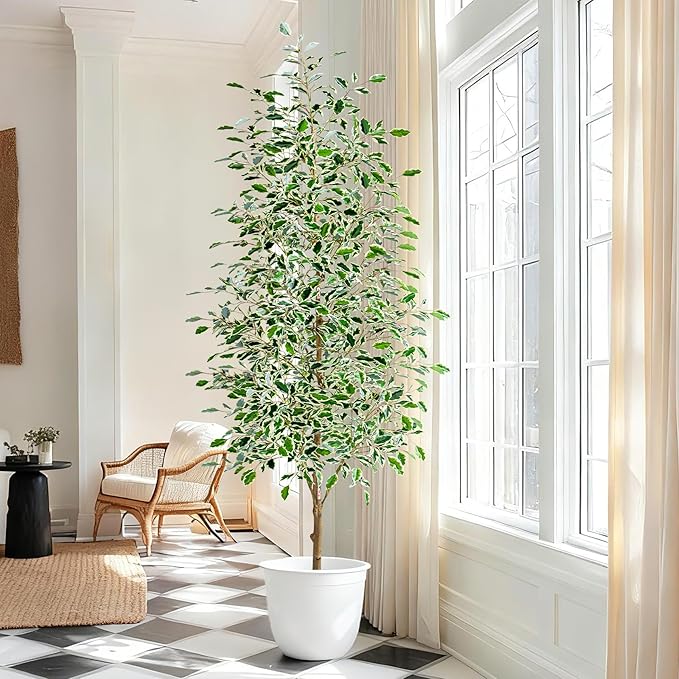 7FT Artificial Ficus Trees Indoor Faux Trees Indoor Fake Floor Plants Tall Artificial Tree with White Pot Faux Tree Fake Indoor Tree Silk Plants Artificial Trees for Home Decor Indoor