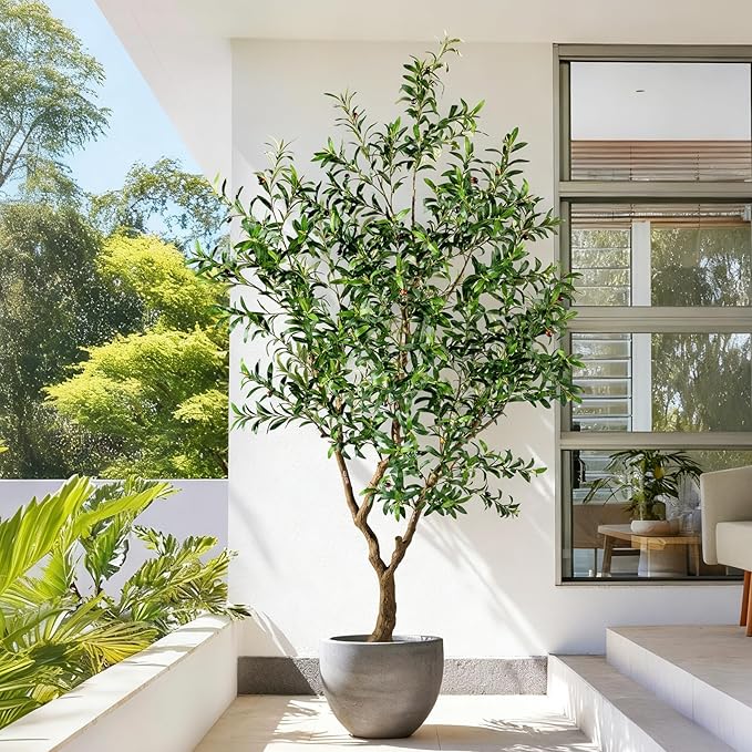 Erimda 8FT Faux Olive Tree with Tall Exquisite Planter Artificial Olive Tree Tall, Potted Fake Olive Plant with 2070 Real Touch Leaves, Indoor Outdoor Home Garden Office Decor