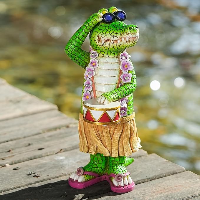 TOLIMI Hawaiian Alligator Garden Statue with LED Floral Garland - Fun Tropical Outdoor Decor, Resin Crocodile Figurine in Hula Skirt for Yard, Patio, or Home