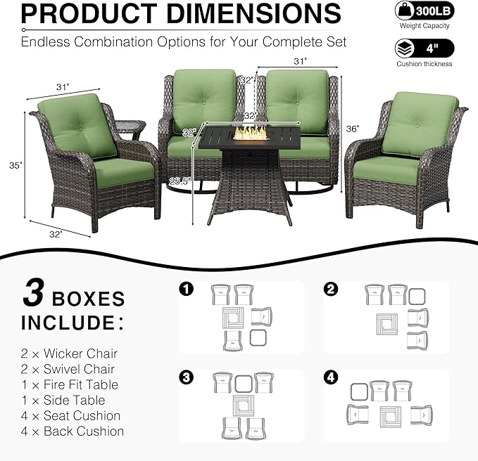 Joyside 6 Piece Wicker Patio Furniture Set with Fire Pit Table, Rattan Patio Chairs with High Back, Deep Seating, Wide Armrest, Thickened Cushions, Outdoor Furniture for Deck, Porch Use