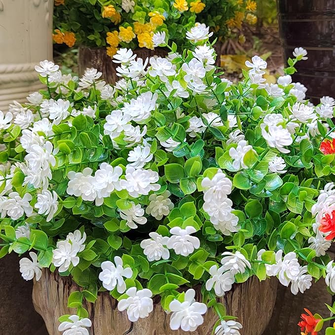 Grunyia 12 Bundles Artificial Flowers for Outdoors, UV Resistant Fake Flowers with Plastic Plants, Faux Flowers for Outside Window Box Front Porch Hanging Planter Decor (White)