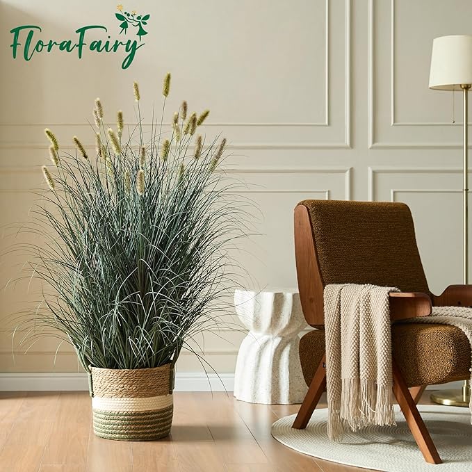 4ft Onion Grass Set of 2, Artificial Plant and Greenery, Fake Floor Plants Indoor Outdoor, Potted Faux Green Bristlegrass with Yellow Spikes, Large Size Horsetail Reed Grass, House Decorative