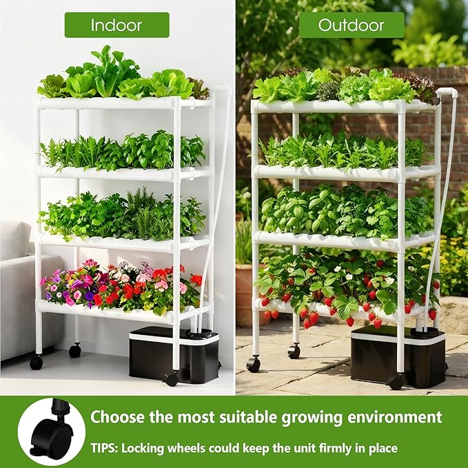 Hydroponics Growing System Kit with Wheels, 108 Plant Sites Gardening Aquaponics Tower, 4-Tier Food-Grade PVC-U Pipes Water Pump Timer for Leafy Vegetables, Indoor, Outdoor (34"x62"x15" in 108 Holes)
