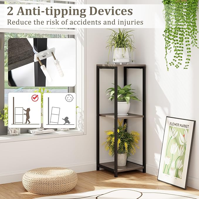 Giantex 3 Tier Tall Plant Stand Indoor, 36 Inch Corner Plant Holder with Metal Frame, Modern Plant Shelf for Multiple Flower Pots, Square Plant Tables for Balcony, Living room, Garden, Tall Plant Stand, 2 Pack