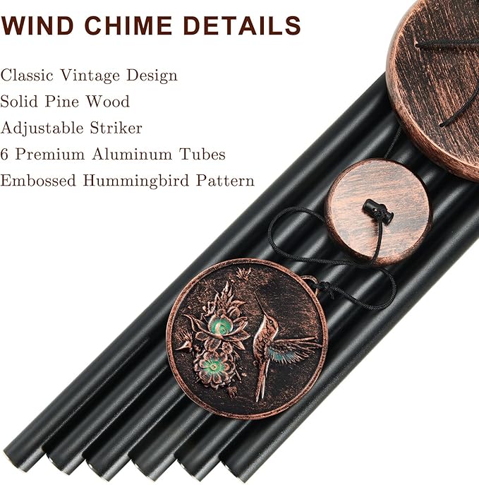 Gabzart Wind Chimes for Outside, Vintage Hummingbird Deep Tone Wind Chime Outdoor Clearance, Patio Porch Balcony Decoration, Garden Hanging Decor Gifts for Women Mom Grandma (34" Hummingbird)