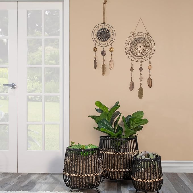 Set of 3 Woven Basket Decorative Planter Pot with Short Legs – Bamboo & Rattan Outdoor & Indoor Plant Pot – Modern Garden & Home Decor Planters – 13", 17", & 19", Black