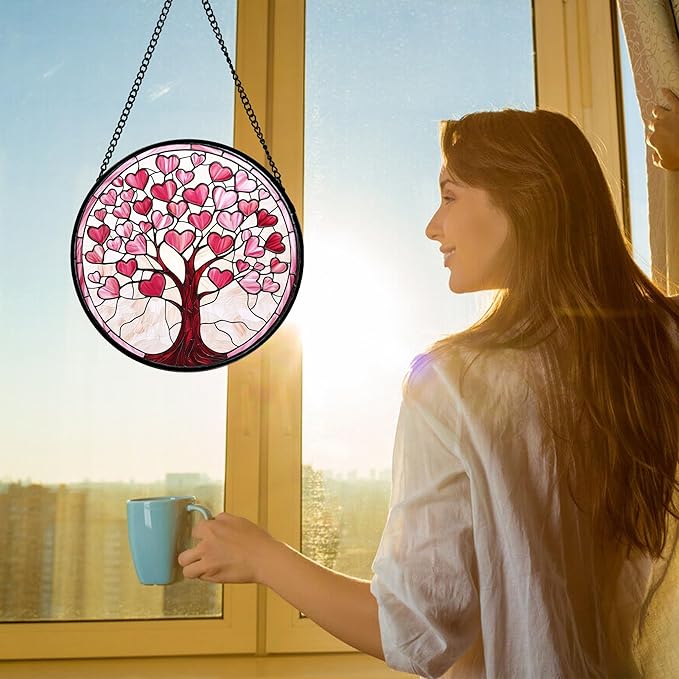 DASTOLL Stained Glass Window Hanging, Valentine's Day Gifts Pink Love Heart Tree Suncatcher Hangings Beige Sun Catchers Decor for Birthday for Women, Men, Wife, Aunt, Mom 6.3 in