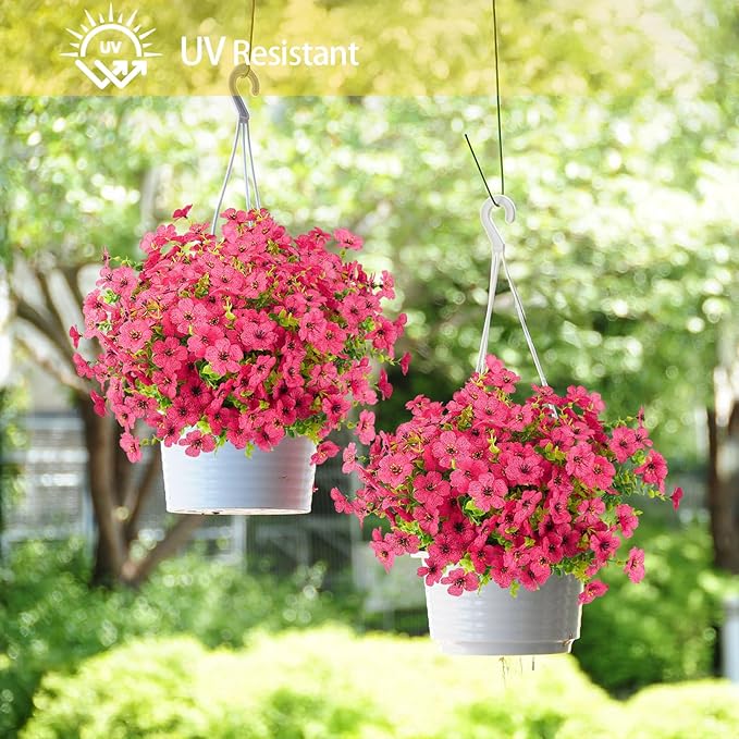 ATTGREAT Artificial Flowers Outdoor Faux Plants UV Resistant Fake Patio Flowers Plastic Greenery Plnats Outside Bulk for Spring Garden Hanging Planter Home Vase Decor, 12 Bundles (Rose Red)