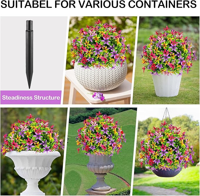 ENVEN Artificial Topiary Ball Tree Outdoor Plants with Ground Spike 22"- UV Resistant Faux Shrubs, Eucalyptus Fake Plants for Indoor & Garden, Yard, Porch, Patio Decor (Mixed Color BlackBerry Lily)