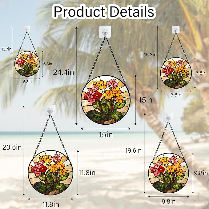 AMDERVEN Stained Glass Window Hanging, Yellow Red Flowers Sun Catcher for Window Door Home Decor Green Plant Suncatcher Christmas Mother's Day Birthday Gifts for Women Men Mom and Nana 9.8 in