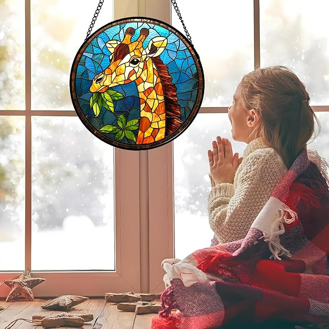 Stained Glass Window Hanging Orange Giraffe Blue Green Leaves 6.3" - Suncatcher Door Garden Sunroom Sun Catcher Home Decor Birthday Christmas for Mom Men Woman Nana