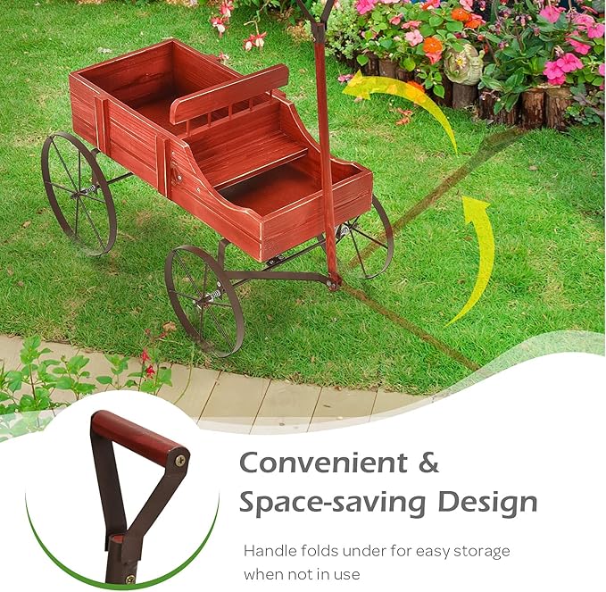 Giantex Decorative Garden Planter, Small Wagon Cart with Metal Wheels, Wood Raised Beds Plant Pot Stand for Backyard Garden Patio 24.5"x13.5"x24" (Red)
