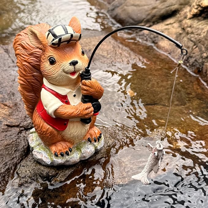 Squirrel Outdoor Statue Koi Pond Garden Decoration, Squirrel Decor for Yard 7.1'' Fishing Sculpture Outdoor Patio, Lawn Accessory, Fishing Animals for Waterfall or Koi Pond Additional, Gifts for Mom