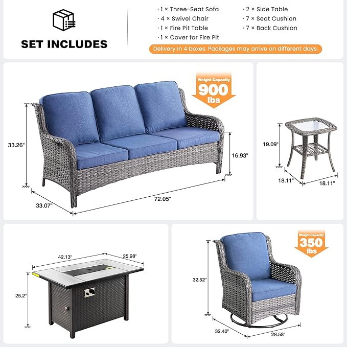 ovios 8 Pieces Patio Furniture Set, Outdoor Wicker Sofa Couch with Swivel Chairs 42" Fire Pit Table, High Back Modern All Weather Conversation Sets, Grey Rattan, Denim Blue