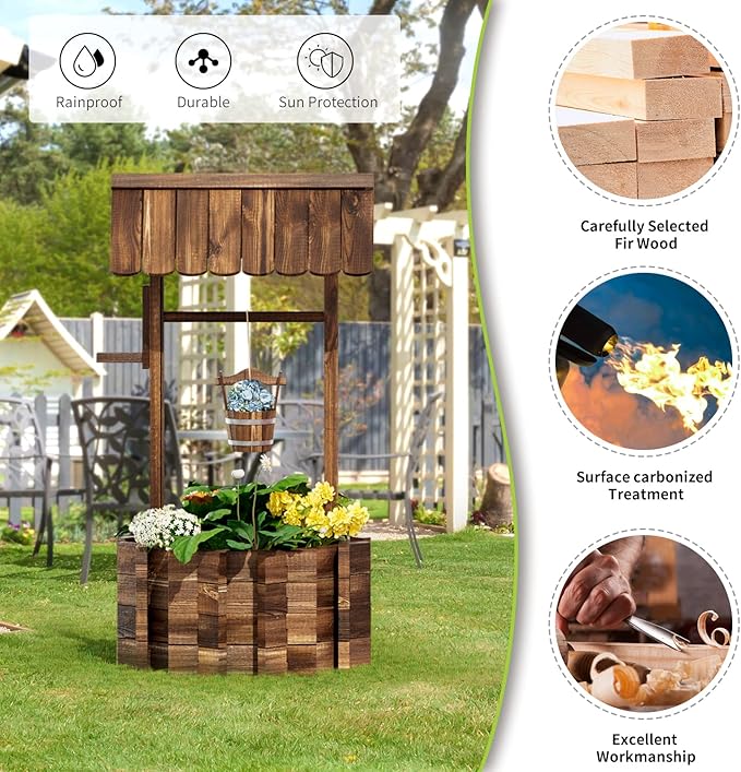 Aoxun Wooden Wishing Well Planters with Hanging Bucket, Garden Helper, Rustic Garden Decor for Outside, Yard, and Patio, Upgrade Reinforced Base, Brown