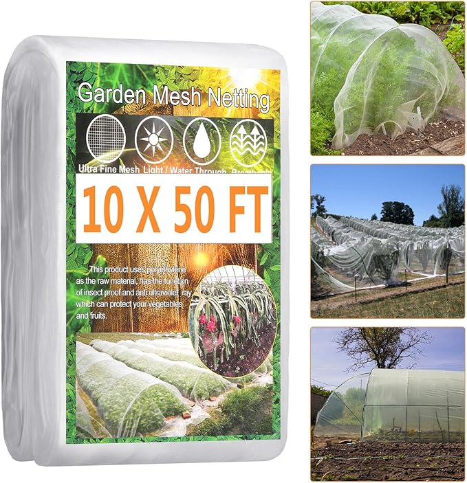 Fippy Garden Netting Pest Barrier, 10 X 50FT Insect Netting for Garden Raised Beds, Garden Bug Netting Plant Mesh for Blueberry Bushes, Figs, Plants, Vegetables Protection