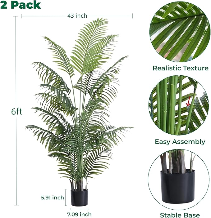 FloraFairy 6FT Tall Artificial Palm Trees, Potted Plant (2 Pack) Tropical Areca Palm, UV Resistant Indoor/Outdoor Fake Plant in Black Cement Pot, Realistic Decor for Patio, Living Room, Office