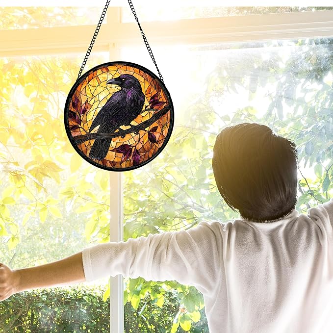 DASTOLL Stained Glass Window Hanging - Crow on a Branch Suncatcher Ready to Hang Window Doors Home Decoration and Christmas, Mother's Day Birthday Gifts for Women, Men, and Mom 6.3x6.3 in
