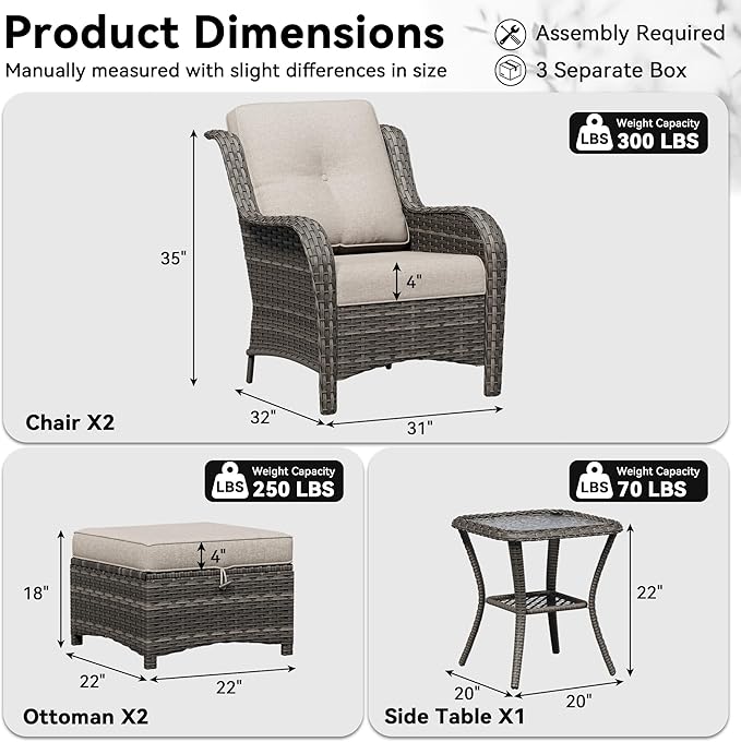 5 Piece Outdoor Wicker Patio Furniture Set, Patio Chairs Set with Thickened Olefin Cushions, High Back and Deep Seating, Hand-Woven PE Rattan, Ottoman for Porch, Deck