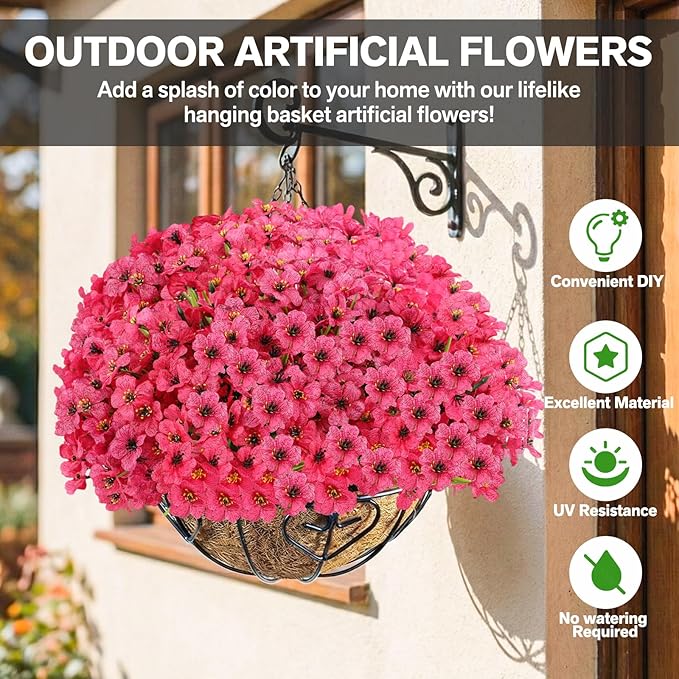 22 Bundles Artificial Flowers Outdoor, Faux Flowers UV Resistant with Plastic Plants, Faux Silk Flowers for Outdoors Outside Front Porch Hanging Planter Window Box Garden Decoration(Rose Red)