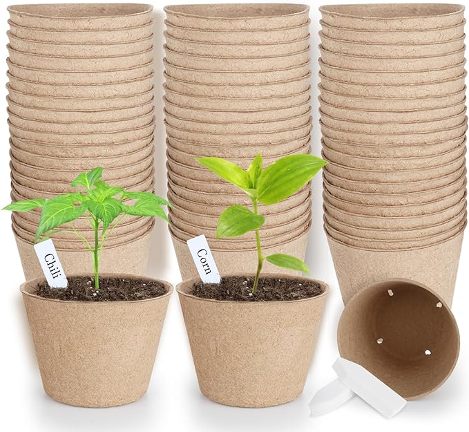 ModaSin 65 Pcs Organic Peat Pots, 4 Inch Nursery Pot Set, Round Plant Seedling Pots with Drainage Holes, Small Seed Starting Starter Tray Bulk, Garden Germination Container with 65 Plant Labels