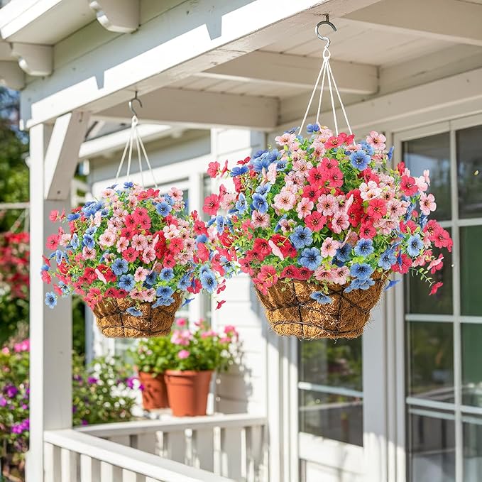 Artificial Spring Flowers Outdoors Faux Plants UV Resistant Plastic Flowers Outdoors Fake Greenery Plants Outside for Garden Porch Planters Silk Flowers Decor, 12 Bundles (Mix Rose Red Blue Pink)