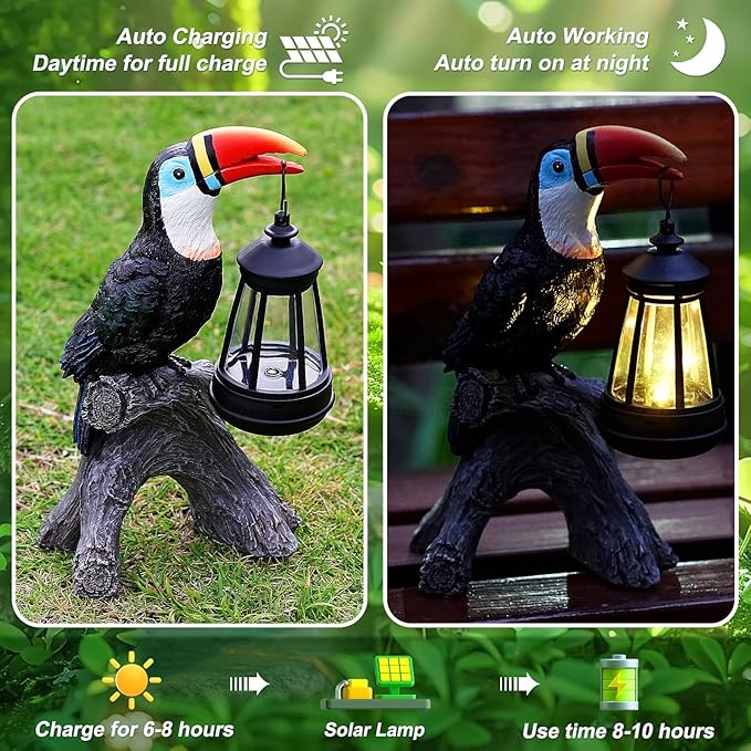 Spring Toucan Garden Statues Decor, Solar Waterproof 9.5" Colorful Tropical Bird Sculpture with LED Lights Funny Garden Outdoor Exotic Bird Sculpture Decoration for Lawn Porch Yard Patio Tiki Bar