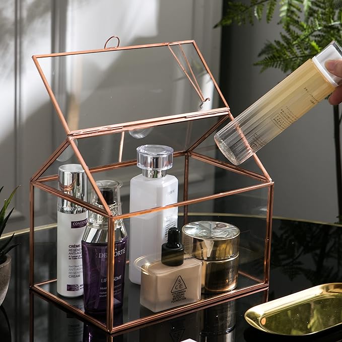 House Shape Close Glass Geometric Terrariumn Tabletop Succulent Plant Garden Geo Planter Moss Fern Swing Lid Reptile, Flower Pot for Plants Succulent, Air Plant (Rose Gold)