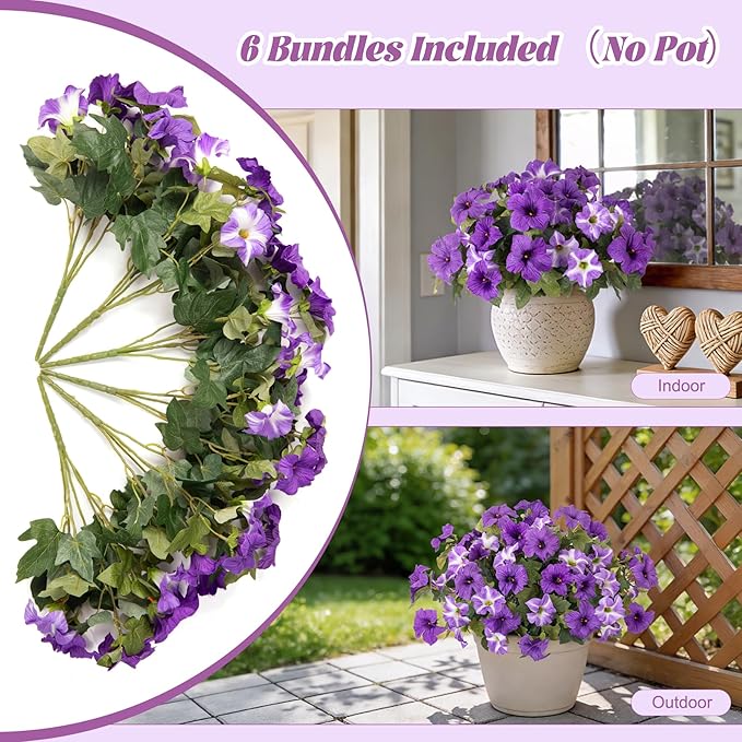 Ammyoo 6 Pcs Artificial Flowers Fake Petunias for Outdoors, Faux Flowers for Outdoor Planter, UV Resistant Realistic Fake Plants for Outside No Fade for Garden Porch Patio Indoor Room Decor(Purple)
