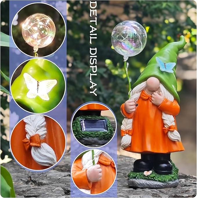 Solar Garden Female Gnome Statue, Detachable Outdoor Garden Decorative Stakes, Resin Statue with Light-Up Butterfly & Bubble Wand, Upgraded 8-10H Lighting, for Yard, Lawn, Flower Bed & Pathway, 10.63"
