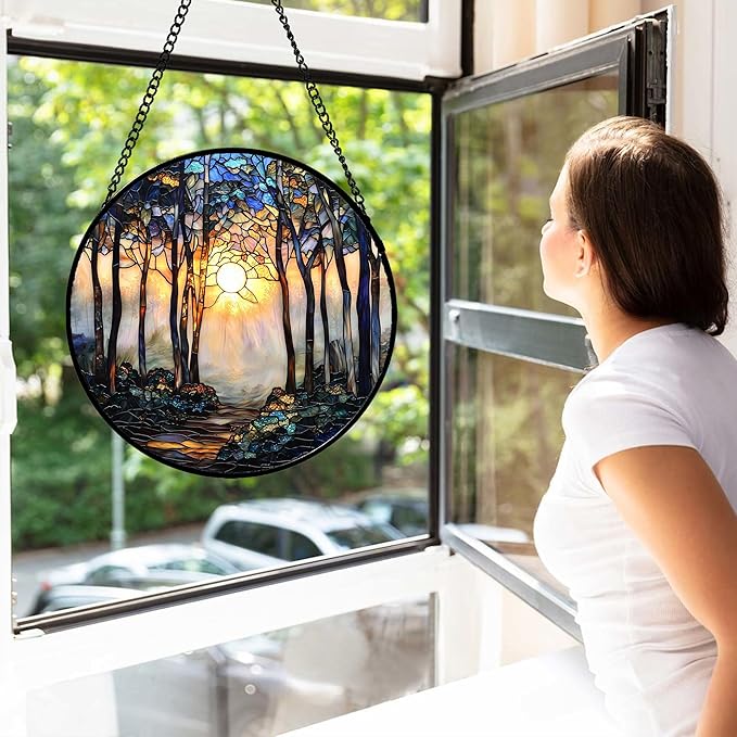 DASTOLL Stained Glass Window Hanging, Forest Sunrise Smoke Blue Brown Tree Suncatcher for Doors Window Home Landscape Sun Catchers Decor Mother's Day Birthday Gifts for Women, Men Mom 9.8 in