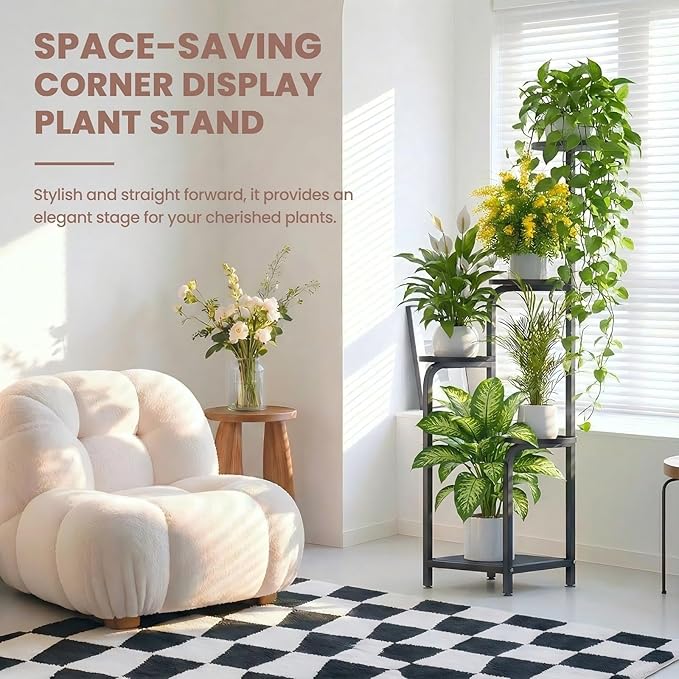 TOSKING 5 Tier Tall Plant Stand Indoor Outdoor, Heavy Duty Corner Shelf for Plants & Decor, Space Saving 3.9FT Metal Flower Pot Stand for Balcony, Garden, Living Room, Patio (Black, 47in)