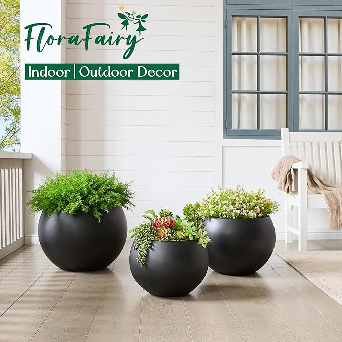 FloraFairy Fiberstone Sphere Planter, Black 15.8" Dia Round Flower Pot with Drainage Hole and Removable Plug, Round Plant Pot for Indoor Outdoor Use, 11.8" Opening-10.9" H, Medium