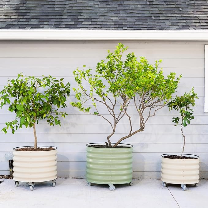 Rolling Metal Citrus Tree Planter Pot, 27″ Round Planter Box for Porch Patio & Backyard, 45 Gallon Large Planter Pot with Wheels for Growing Trees Tomatoes Vegetables and Flowers, Olive Green