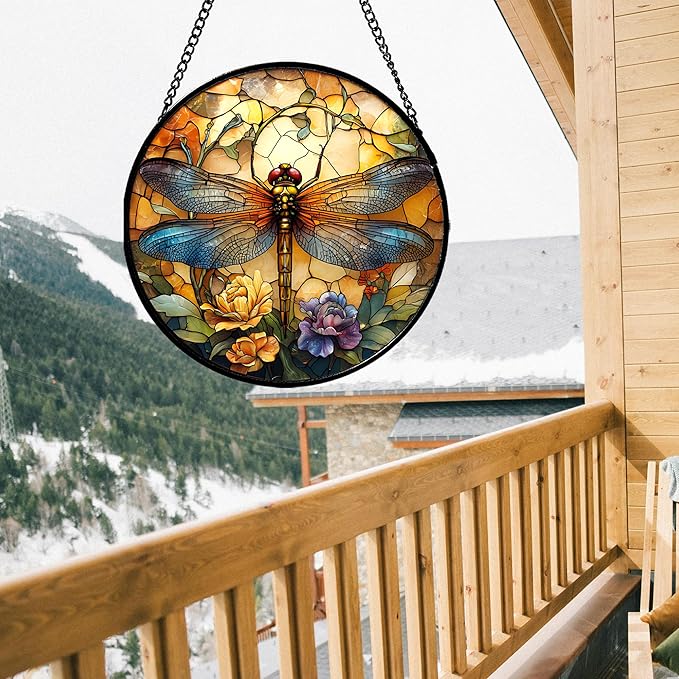 HWRHTR Stained Glass Window Hanging - Orange Blue Dragonfly Flower Suncatcher for Doors Window Home Sun Catchers Decor Christmas Mother's Day Birthday Outdoor Gifts for Women Men Mom Nana 14.9 in