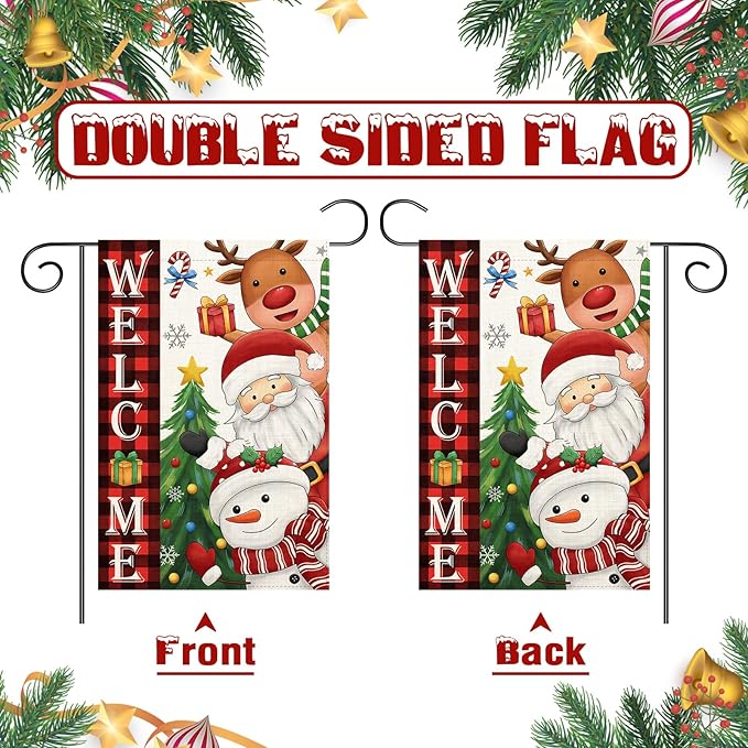 Welcome Christmas Garden Flag Santa Claus, snowman, reindeer12x18 Double Sided Vertical Outdoor Flag for Outside Xmas Farmhouse Flag Winter Holiday Yard Lawn Garden Banner (Welcome Christmas)