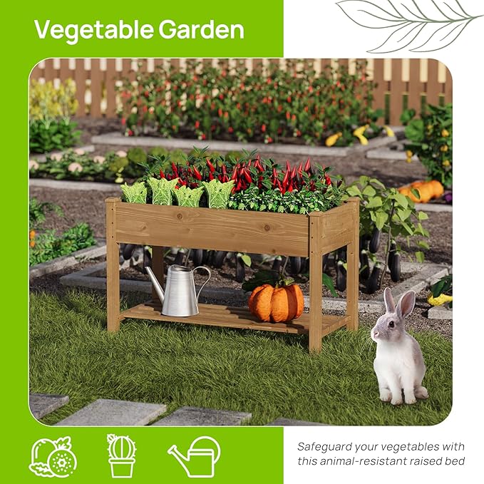 Raised Garden Bed, Planter Box with Storage Shelf, Elevated Wooden Planter Box with Legs, Garden Planter for Backyard, Patio, Balcony, Natural Wood (Brown, M)
