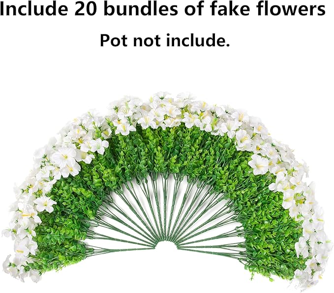 Artificial Flowers for Outdoors Decoration, 20 Bundles White Faux Morning Glory with Eucalyptus Look Real UV Resistant Fake Plants Silk Flowers for Outside Yard Gardens Porch Patio Planter Home Urn