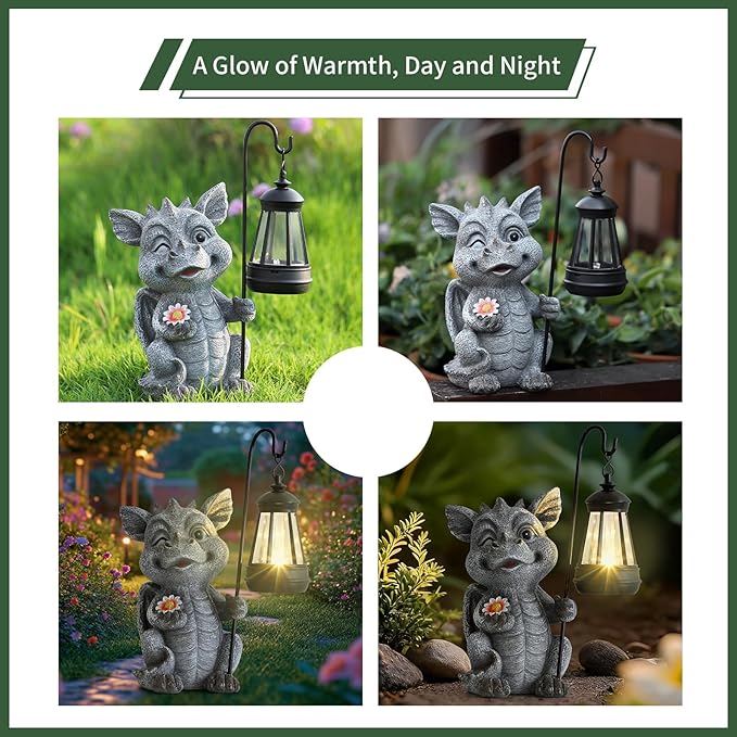 Ploxoiven Garden Figurines Dragon Statue Decorations - Solar ResinDragon with Solar Garden Lights Outdoor Decorations for Patio,Yard,Lawn,