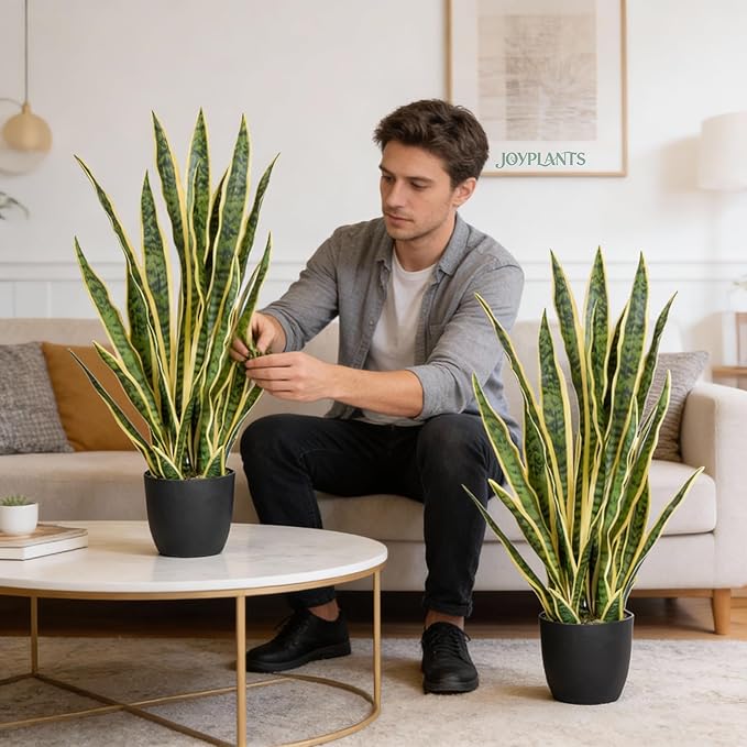 Fake Snake Plant, 27" Fake Potted Plants with Black Pot Realistic Artificial for Home Decor, Low Maintenance No Watering Needed Faux Plants for Desk Corner Office & Pet Areas (2PCS)