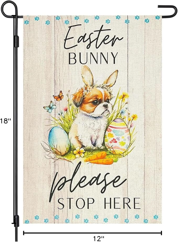 Easter Dog Garden Flag Bunny Please Stop Here Double Sided 12×18 Inch,Puppy With Rabbit Ear Eggs Vertical Small Burlap Spring Holiday Yard Lawn Front Porch Outdoor Decorations