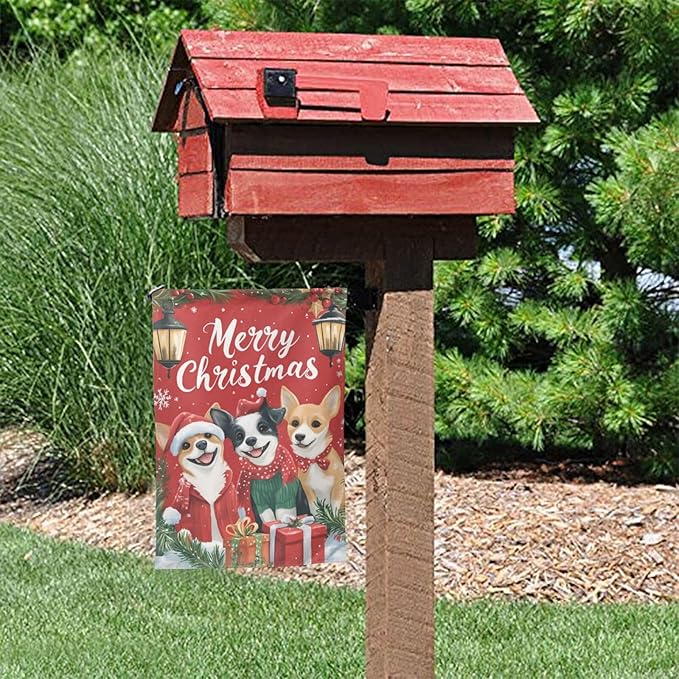 Christmas Dogs Garden Flag 12x18 Inch Double Sided All-Weather Polyester Outdoor Flag For Patio Lawn Yard And Garden Welcome Decor