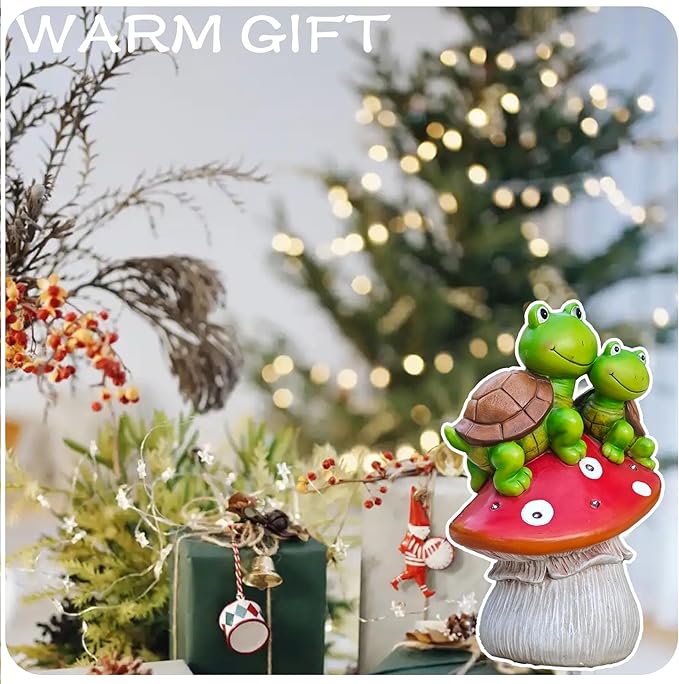 Solar Garden Turtle Figurines Outdoor Ornaments - Orange Mushroom with Sweet Frog Face Cute Turtles Decor, Resin Decorations Unique Garden Art Resin Statue Gifts for Patio Lawn Porch Yard