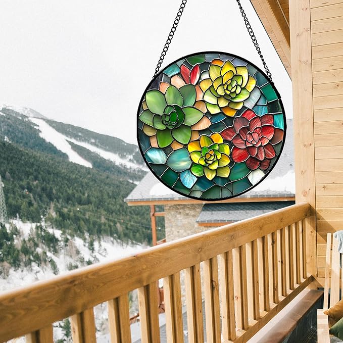 HWRHTR Stained Glass Window Hanging - Red Green Succulent Plants Suncatcher for Doors Window Home Sun Catchers Decor Christmas Mother's Day Birthday Gifts for Teacher Women Men Mom Nana 7.8 in