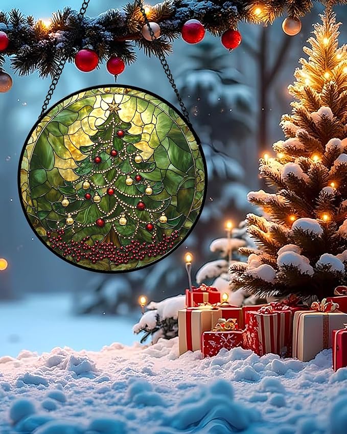 Stained Glass Window Hanging - Retro Green Christmas Tree Suncatcher for Doors Home Christmas Decoration Sun Catcher Thanksgiving New Year Birthday Gifts for Women Men Mom Nana 9.8 in