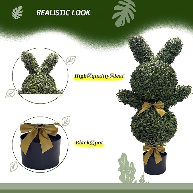 BLONYUVC 36'' Artificial Bunny-Shaped Topiary Double Ball Tree Pot UV-Resistant Bowknot Faux Boxwood Topiaries Plant for Porch Decor Outdoor/Indoor 2 Pack