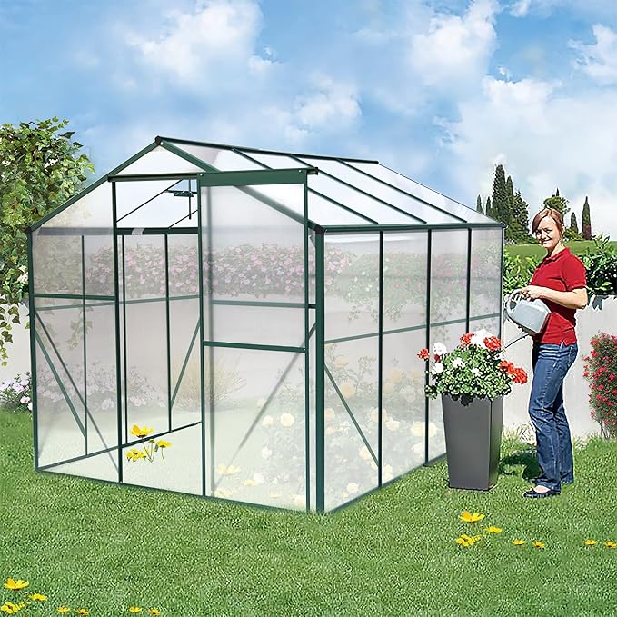 6x8 FT Greenhouses for Outdoor,Heavy Duty Polycarbonate Greenhouse, Walk-in Garden Green House with Base and Ventilation Window for Outside, Backyard,Green